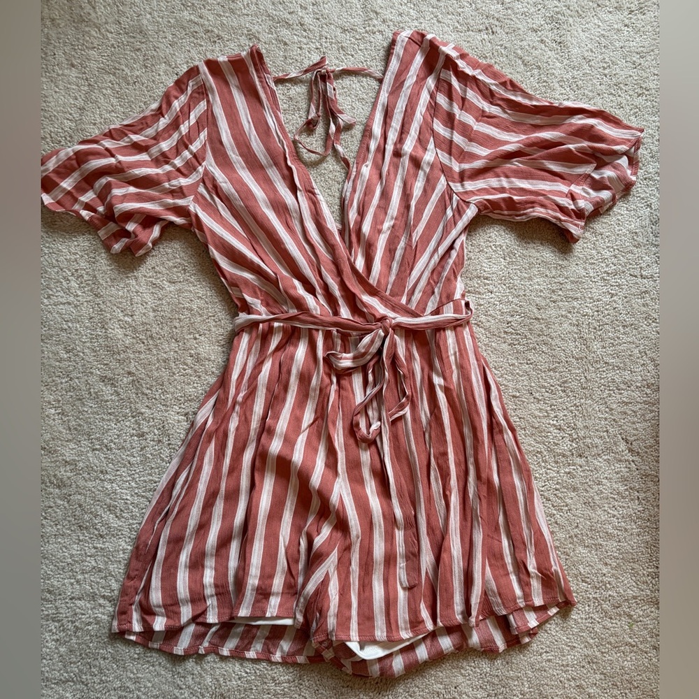 Francesca’s Blue Rain Coral and White Striped Romper-NWT
